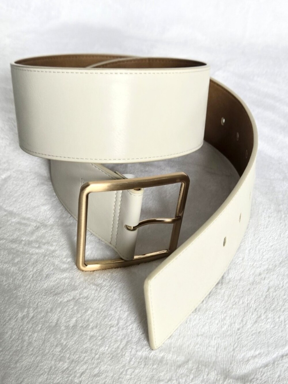 Calvin Klein Leather Wide Waist Belt with Gold Buckle - White